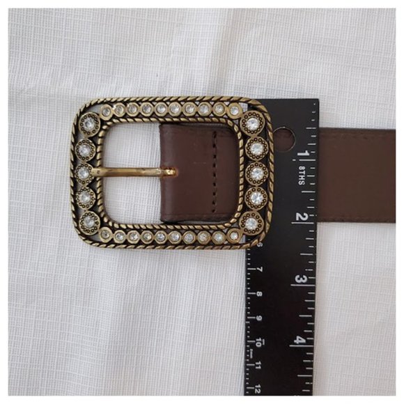 EUC Brown Leather Belt with Antique Gold Rhinestone Buckle Western Size XS - Picture 7 of 10